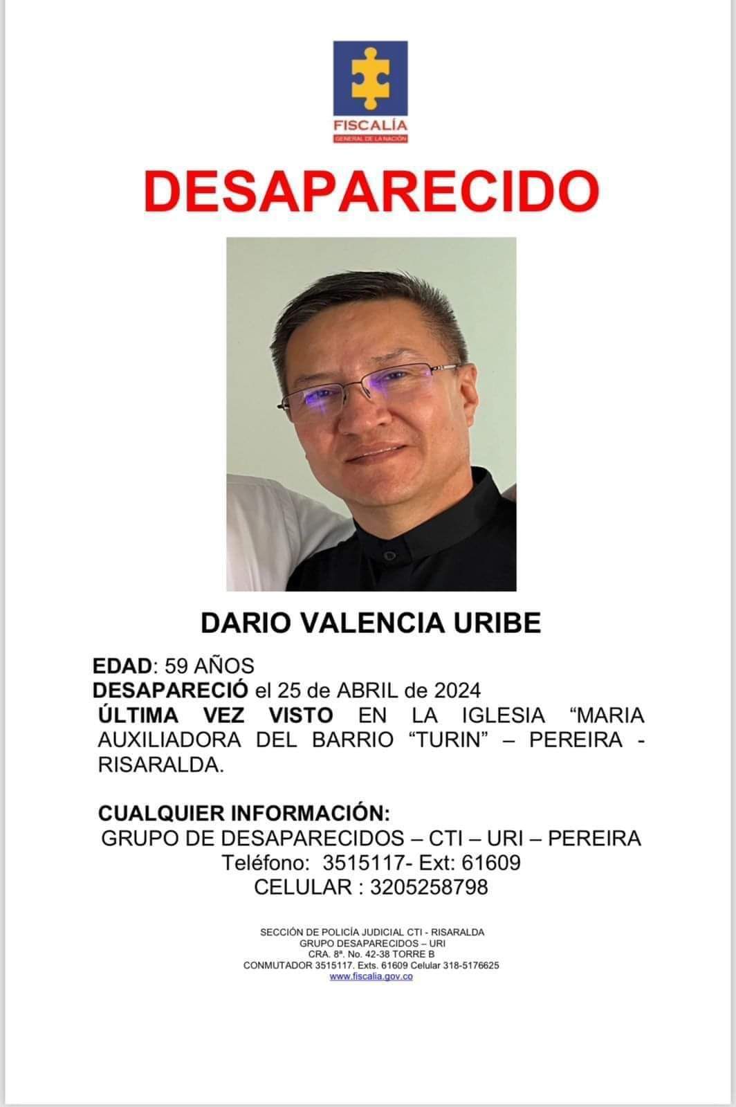 Cartel con el que buscan al sacerdote Darío Valencia