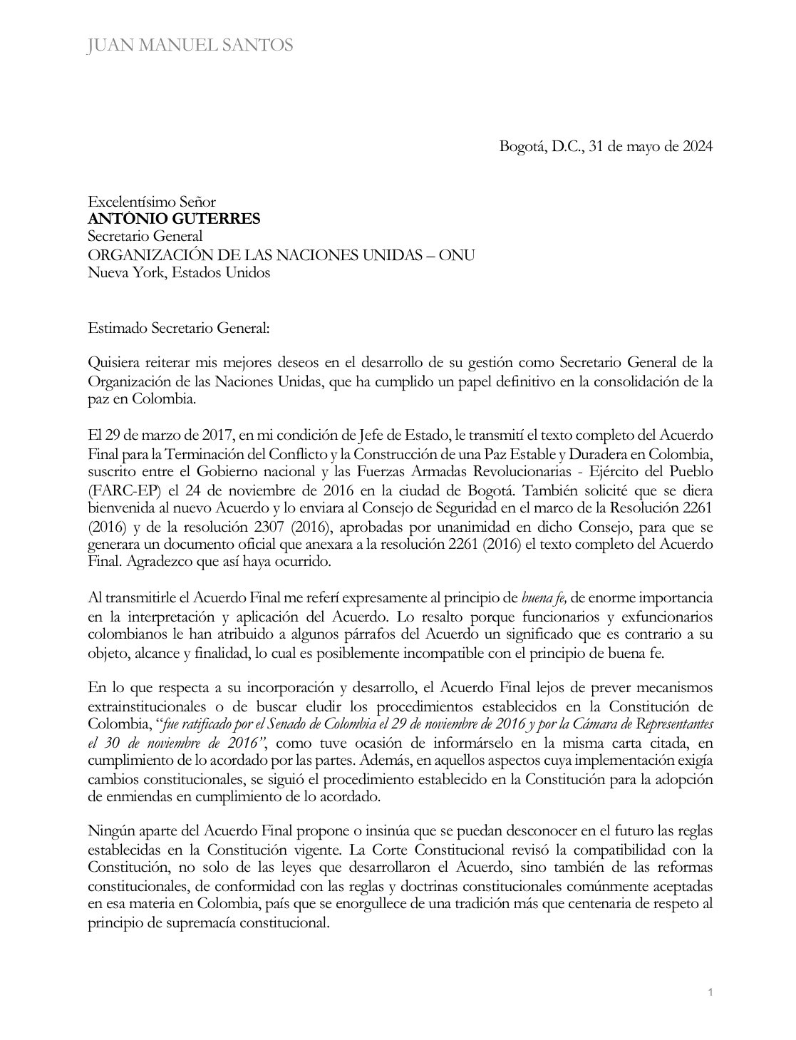 Carta de Juan Manuel Santos a la ONU