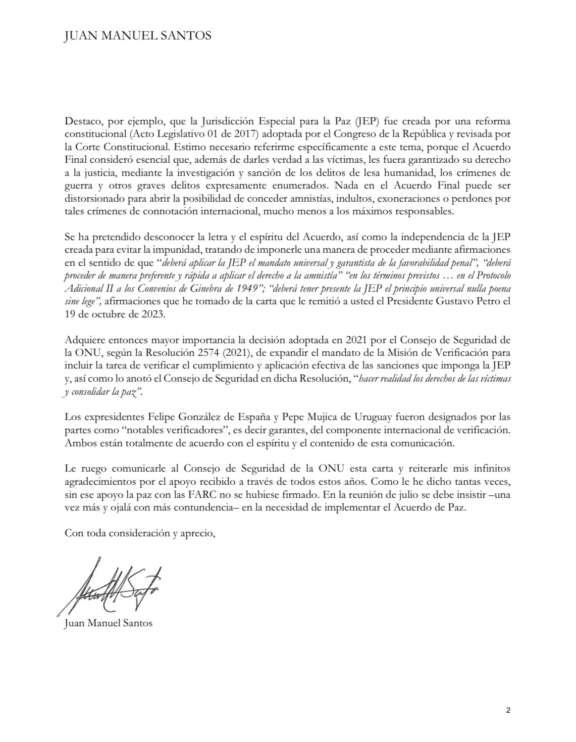 Carta de Juan Manuel Santos a la ONU