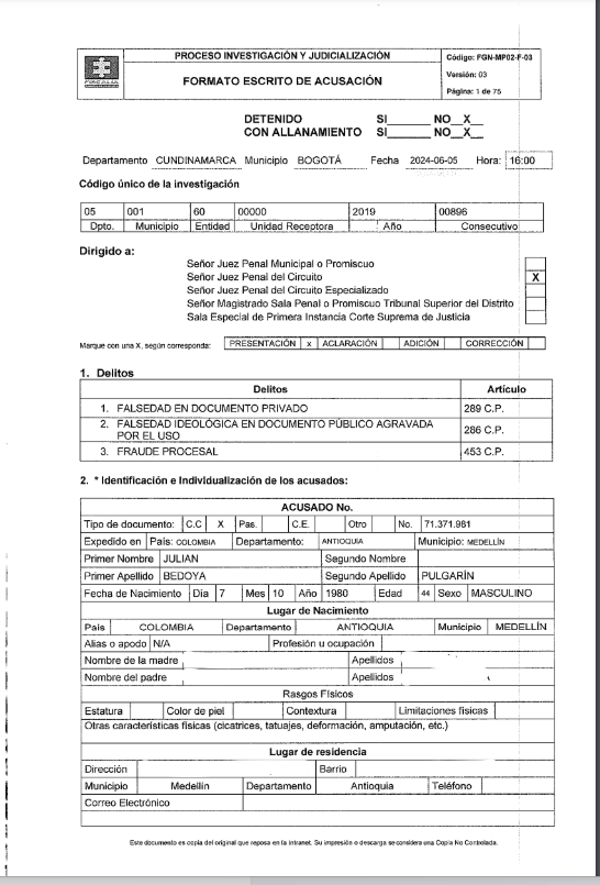 Eski senatör Julián Bedoya, avukat olarak açık unvan almada usulsüzlükler nedeniyle yargılanıyor;  Üç suça cevap verecek