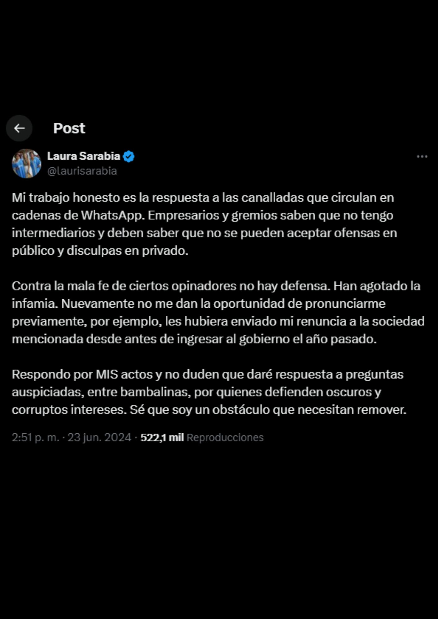 Laura Sarabia se pronunció a través de sus redes.