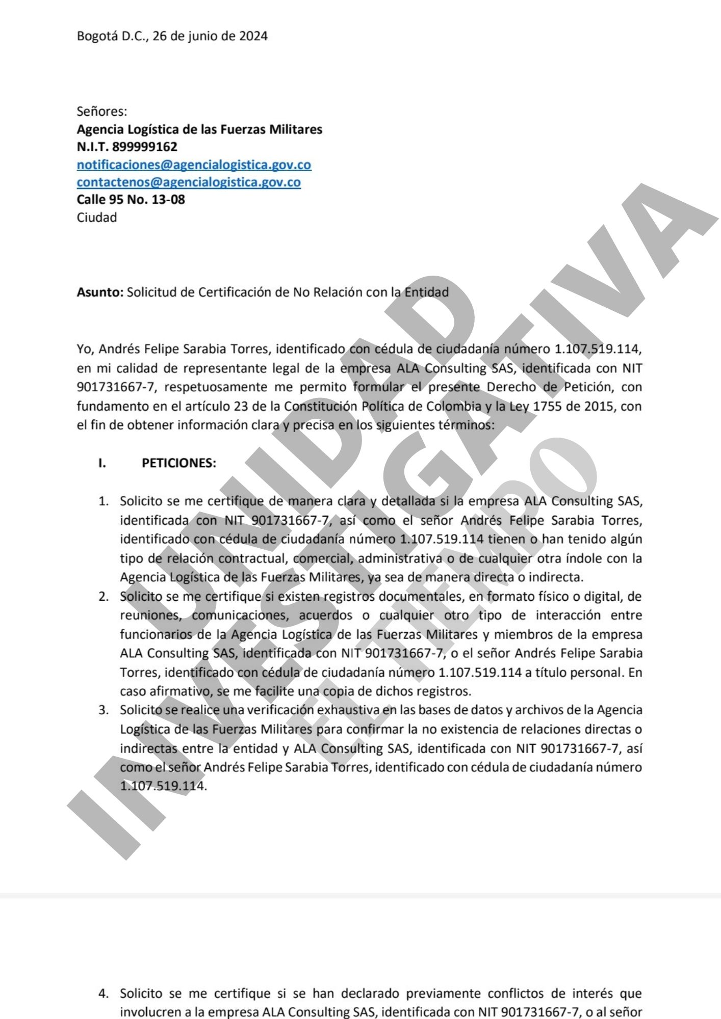 El derecho de petición de Andrés Sarabia a la Agencia Logística de las FF.MM.