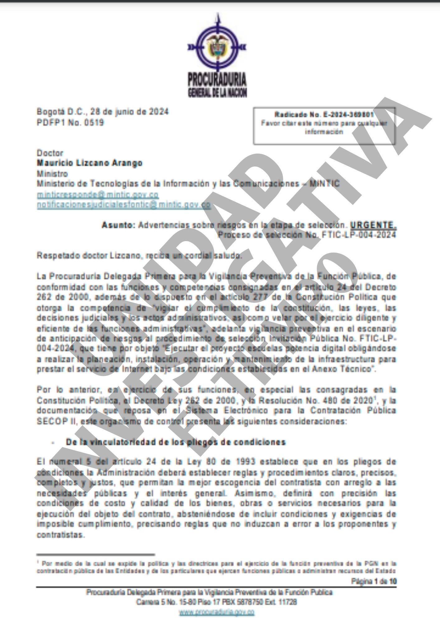 Esta es la advertencias de la Procuraduría sobre riesgos en la etapa de selección de la licitación de Mintic.