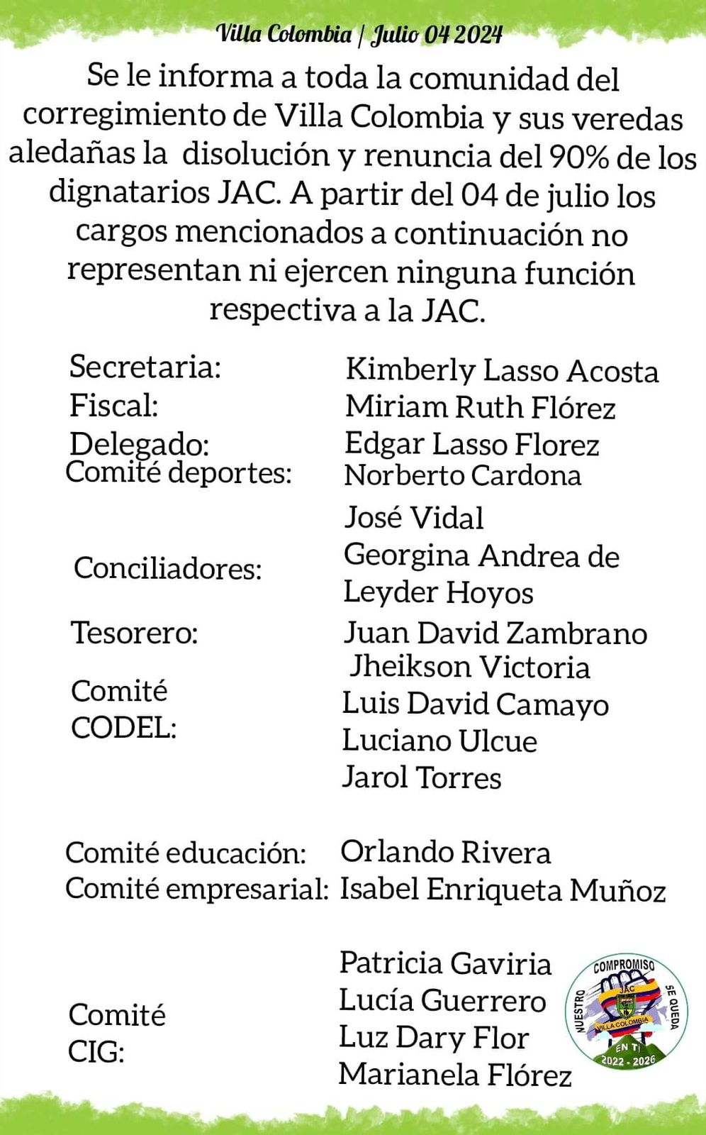 Esta es la renuncia de los líderes de Villacolombia.