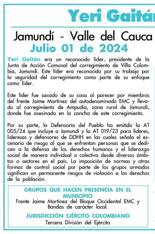 Indepaz informó sobre el asesinato de Yeri Gaitán, el primero de julio.