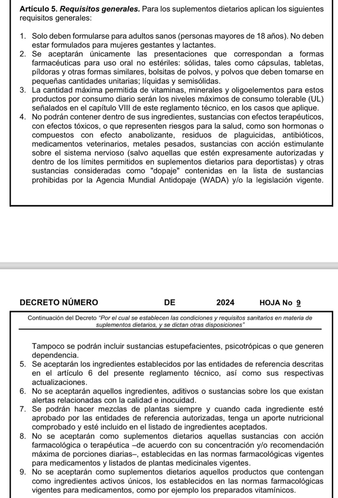 El decreto establece los requisitos generales y referencias para las sustancias permitidas en suplementos dietarios.