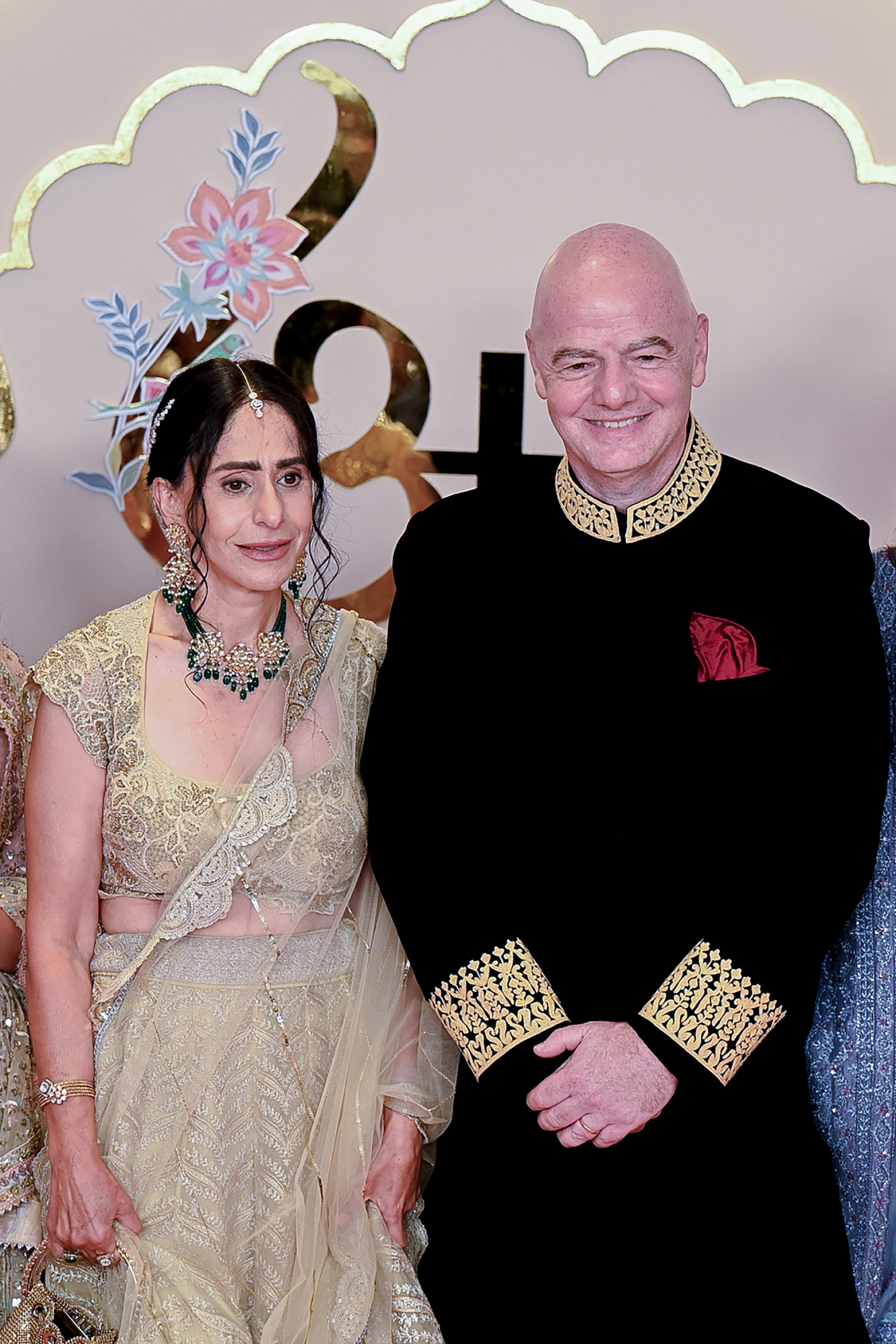 FIFA President Gianni Infantino (right) poses with his wife Leena Al Ashqar as they attend the wedding ceremony of the son of billionaire tycoon and Reliance Industries Chairman Mukesh Ambani.