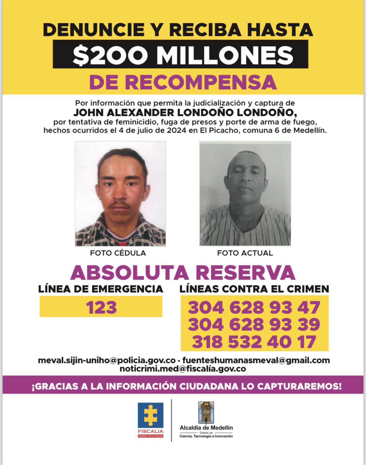 Jhon Alexander Londoño es buscado por el feminicidio de Shenaly Camila Suárez.