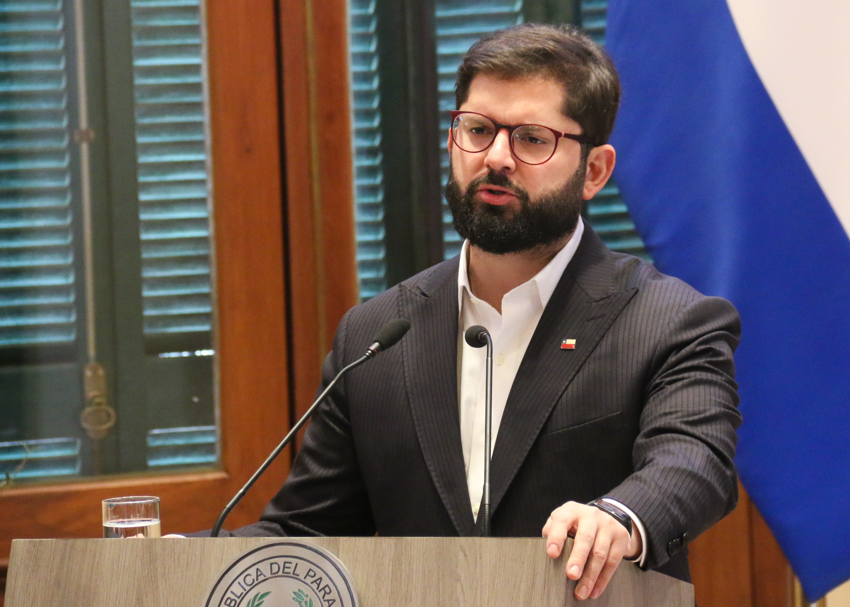 Chilean President Gabriel Boric speaks at a press conference during an official visit to Paraguay, at the Lopez Palace in Asuncion, Paraguay.