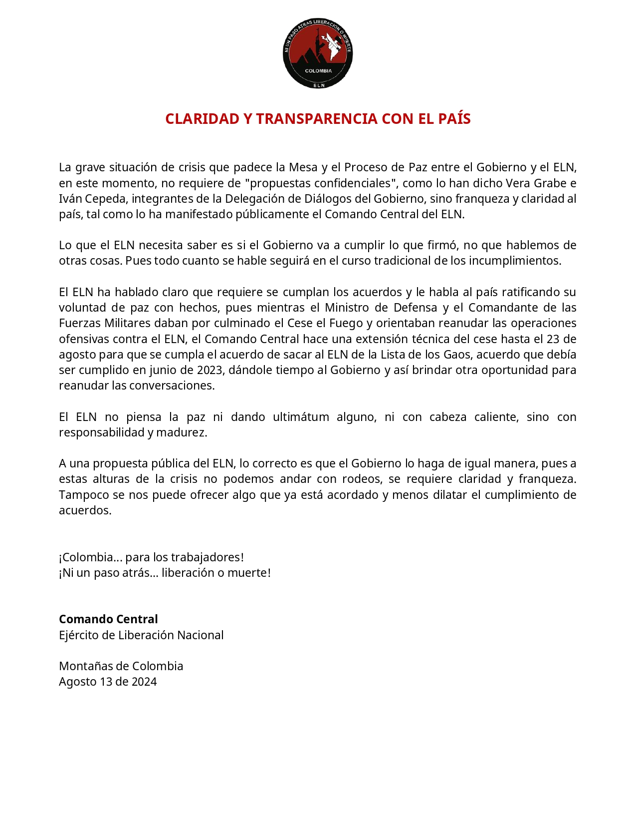 Comunicado del Eln de este 13 de agosto.