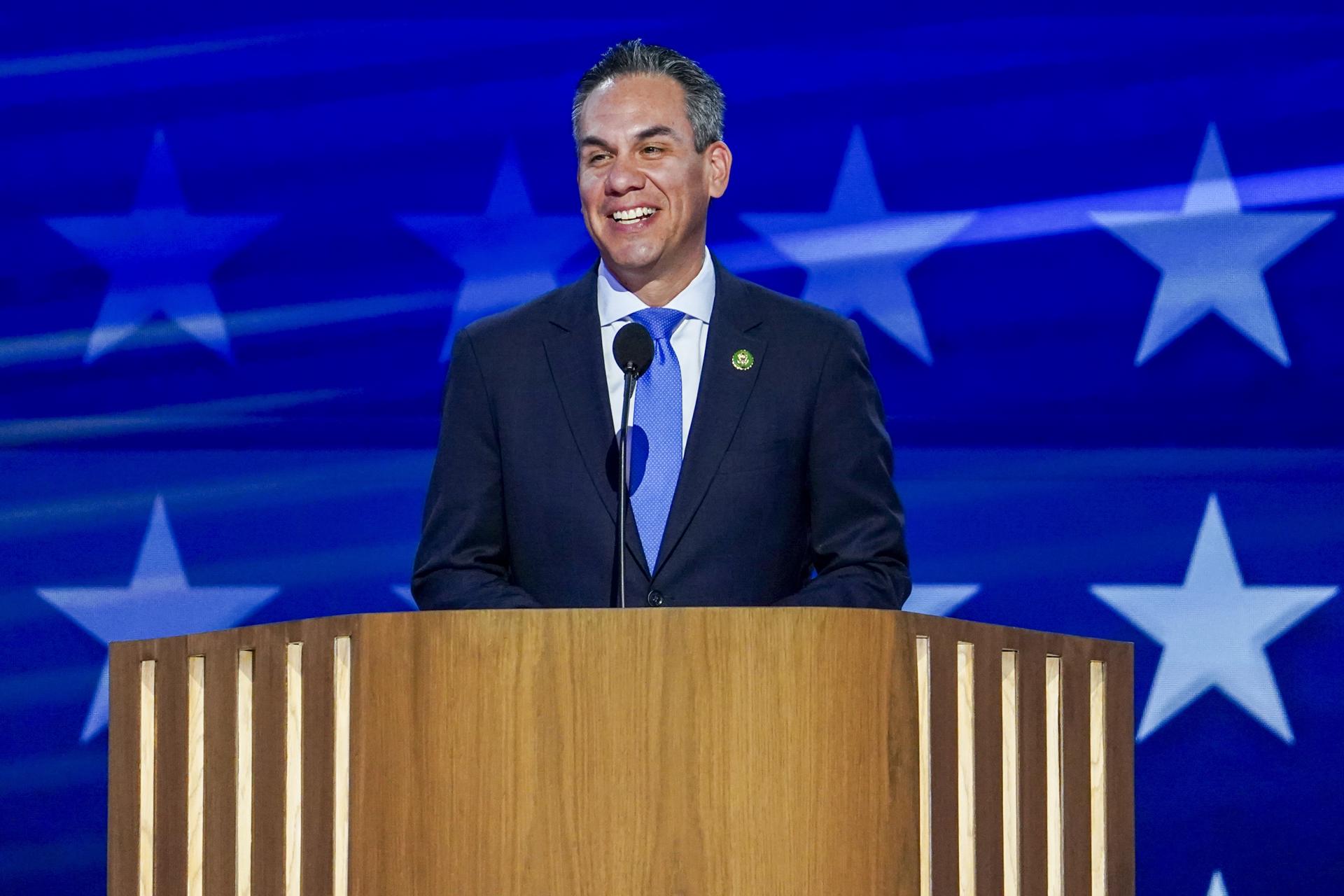 House Democratic Chairman Pete Aguilar delivers remarks during the third night of the Democratic National Convention