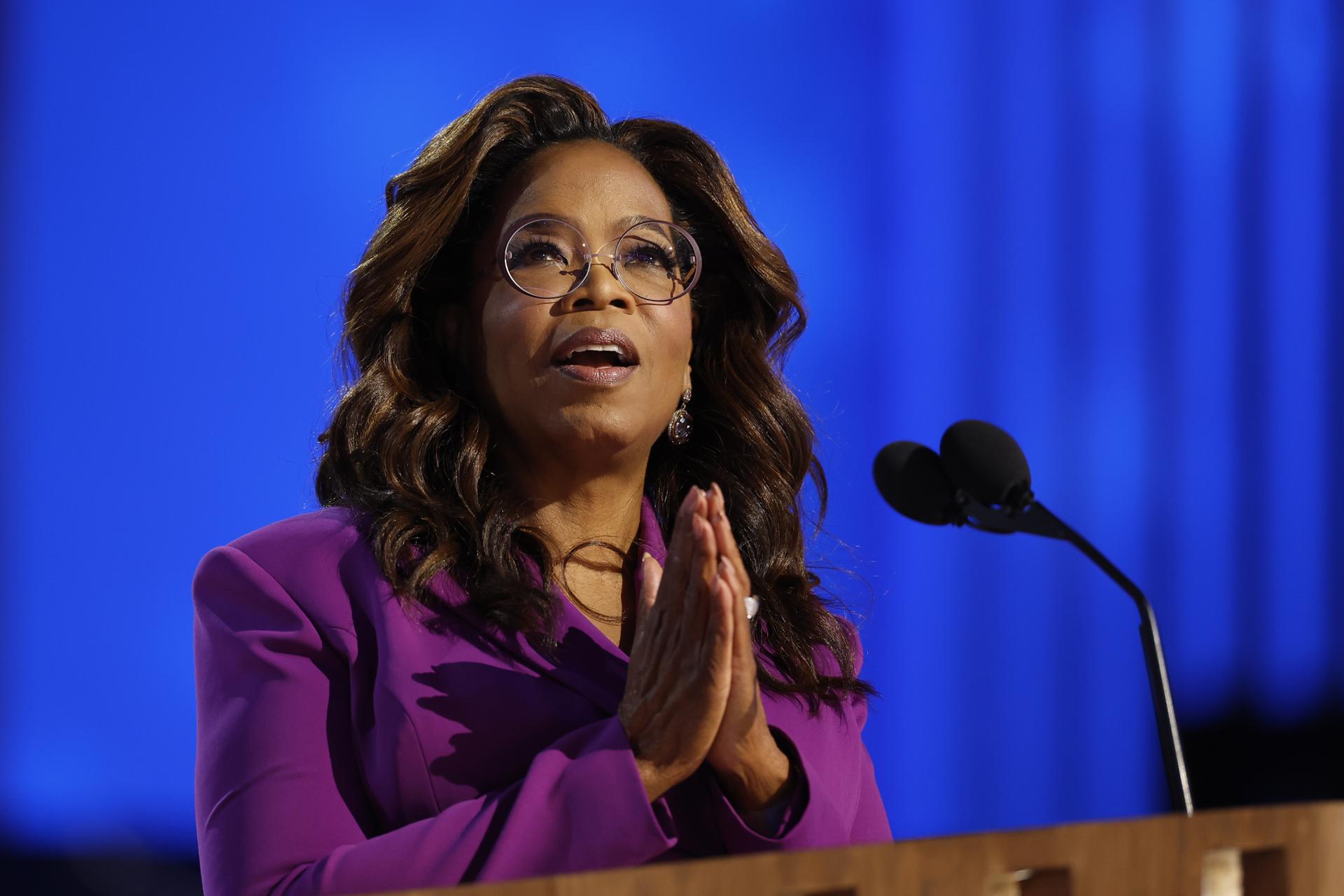 Oprah Winfrey, American talk show host, television producer, actress, author, and media owner, speaks during the third night of the Democratic National Convention