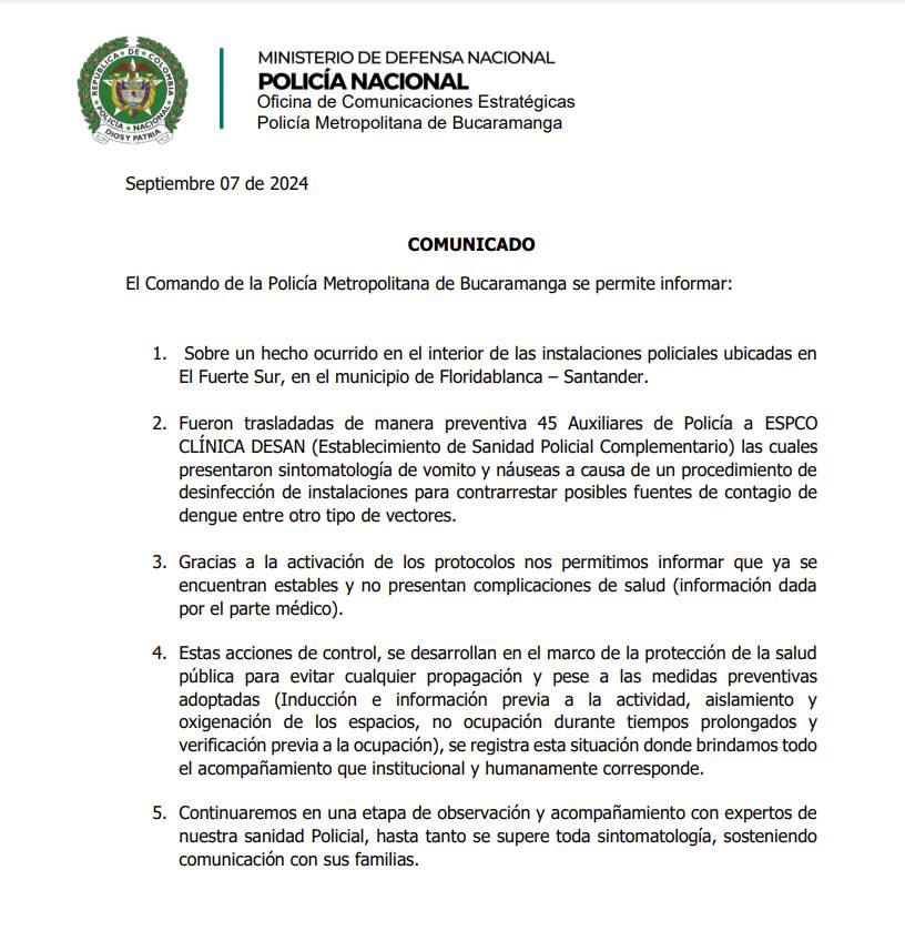 Este es el comunicado de la Policía de Bucaramanga.