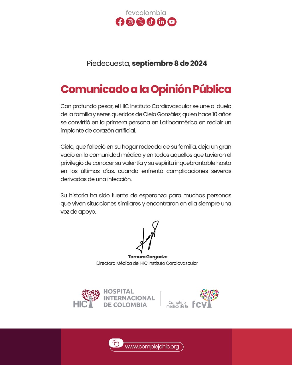 Comunicado HIC Fundación Cardiovascular.