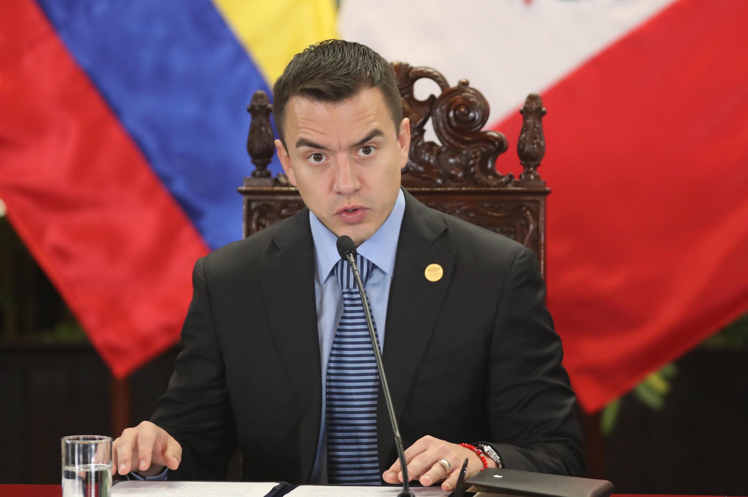 File photograph dated July 4, 2024 of the president of Ecuador, Daniel Noboa, speaking at the inauguration of the binational cabinet within the framework of the XV Peru-Ecuador Binational Presidential Meeting, at the National Palace in Lima (Peru). The president of Ecuador, Daniel Noboa, ordered this Friday the National Institute of Statistics and Censuses (INEC) to investigate an alleged concealment of homicide and violence figures from organized crime in the administrations previous to his, which includes the governments of Rafael Correa ( 2007-2017), Lenín Moreno (2017-2021) and Guillermo Lasso (2021-2023). EFE/ Paolo Aguilar/ARCHIVE