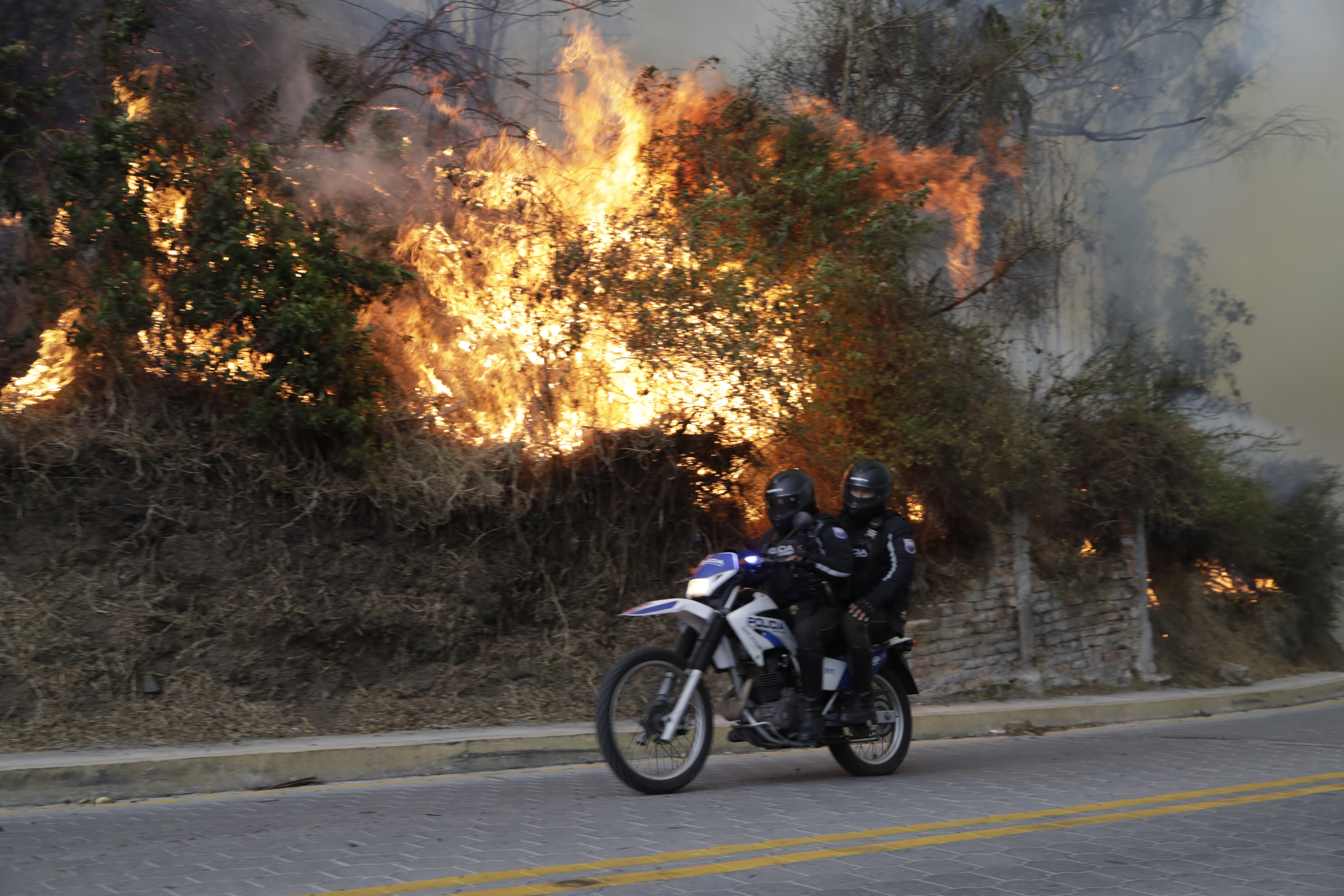 AME2193. QUITO (ECUADOR), 09/24/2024.- Ecuadorian Police officers pass by a forest fire this Tuesday, in the Guapulo sector in Quito (Ecuador). EFE/ Santiago Fernández