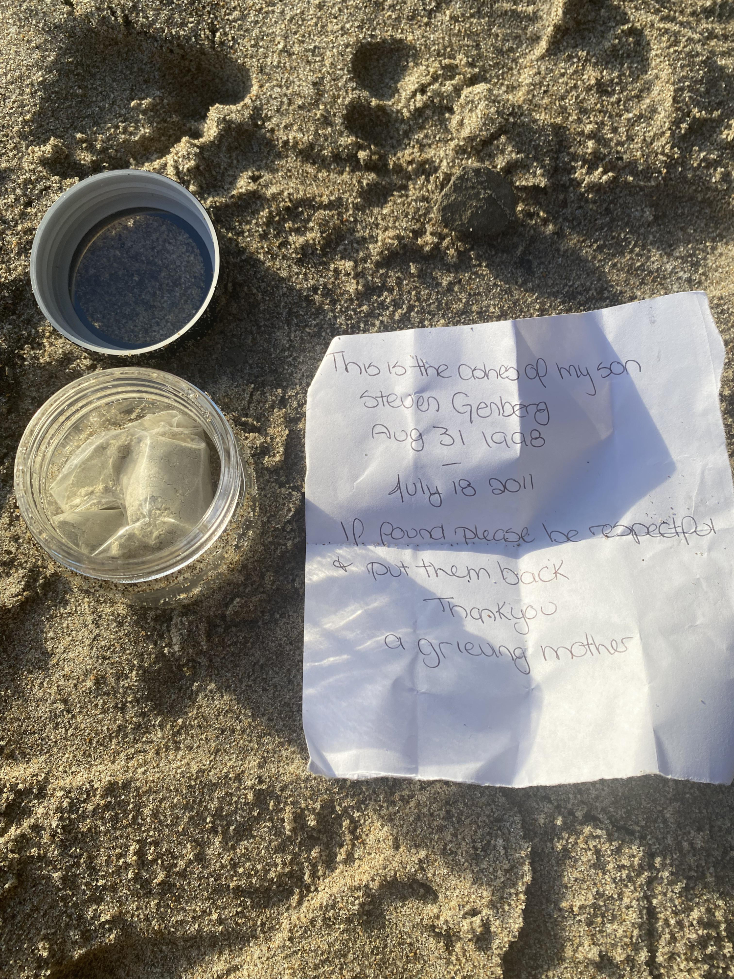 The jar with ashes next to the mother's letter lamenting the death of her son.