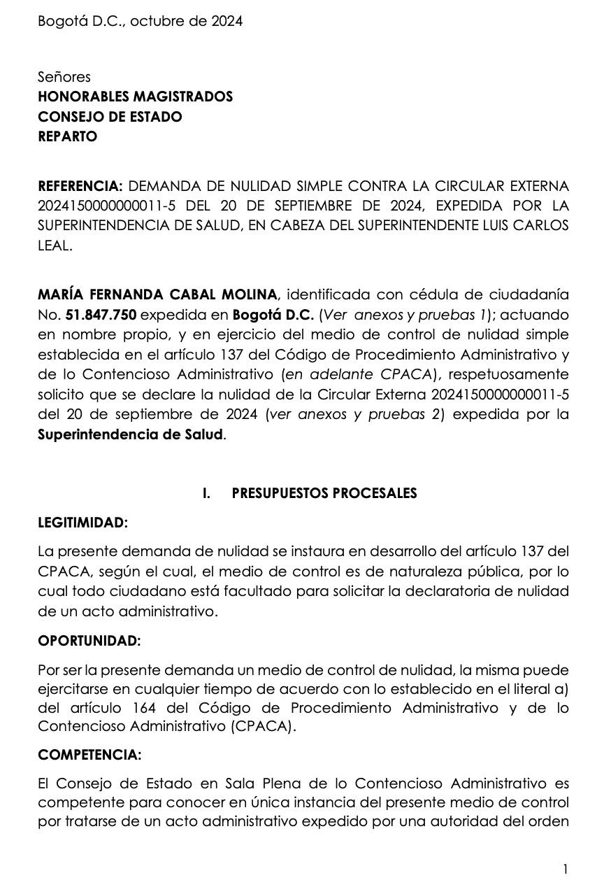 Esta es la demanda de nulidad presentada por la senadora María Fernanda Cabal.