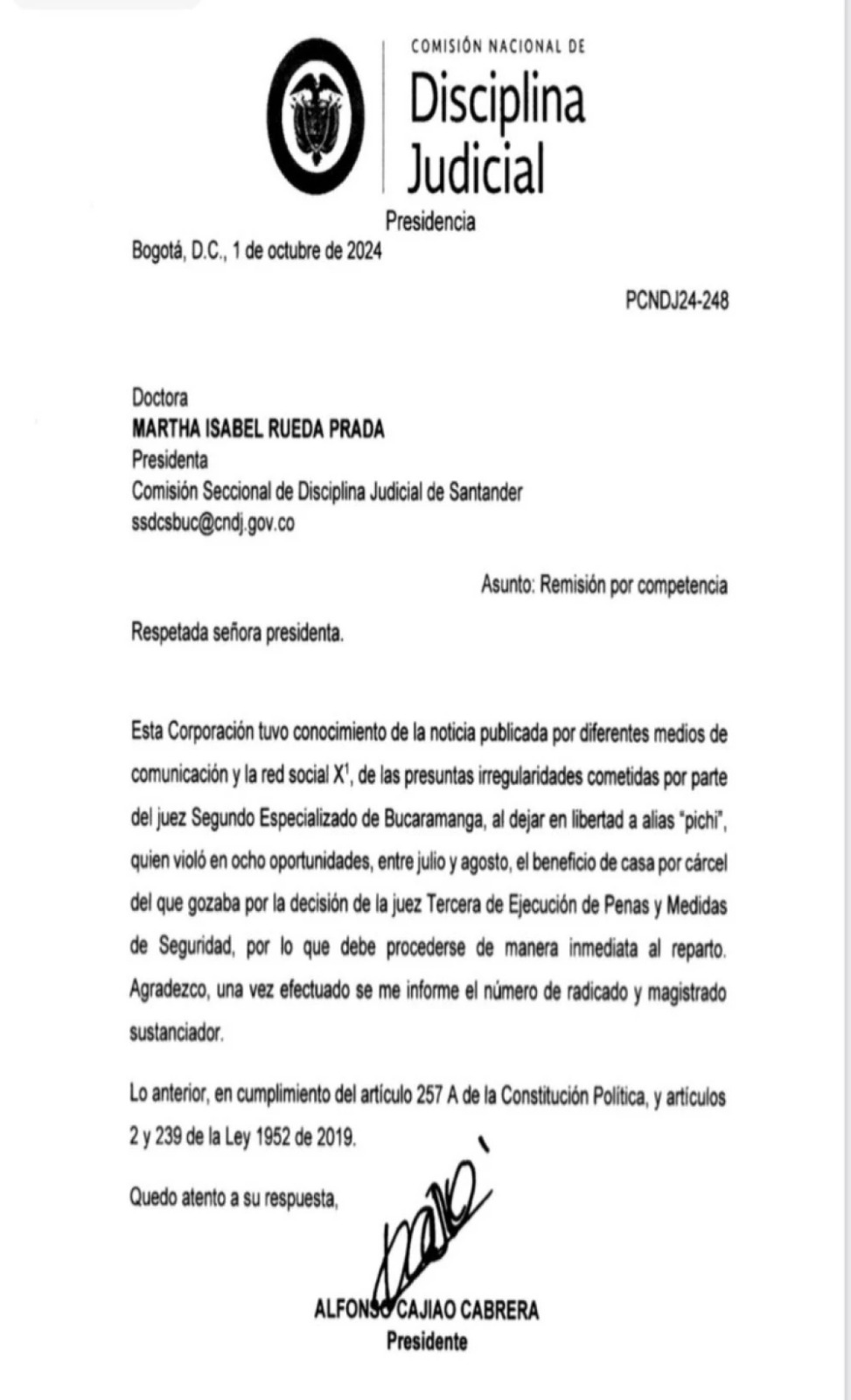Carta investigación a jueza por Alias Pichi