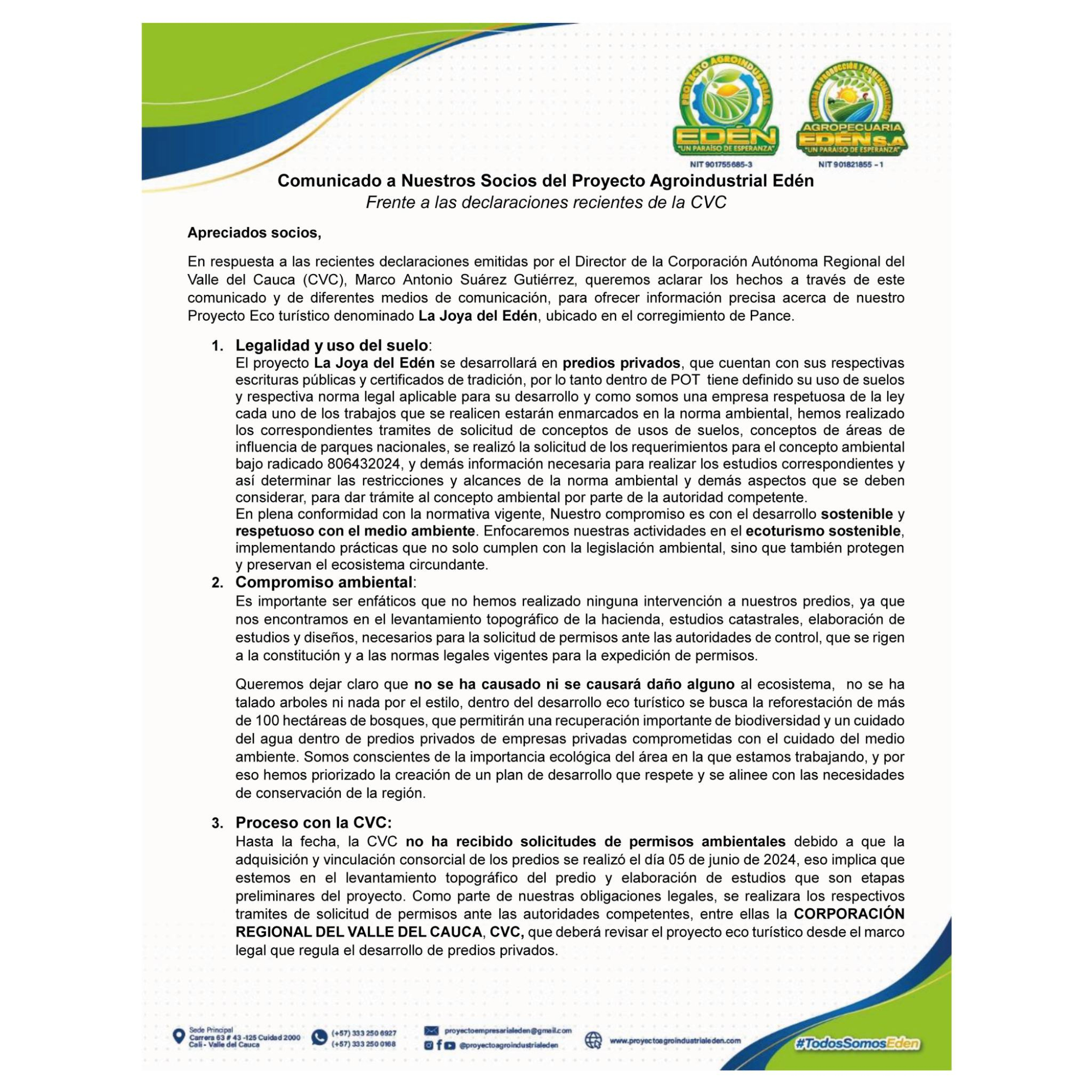 Comunicado de Proyecto Agroindustrial Edén.