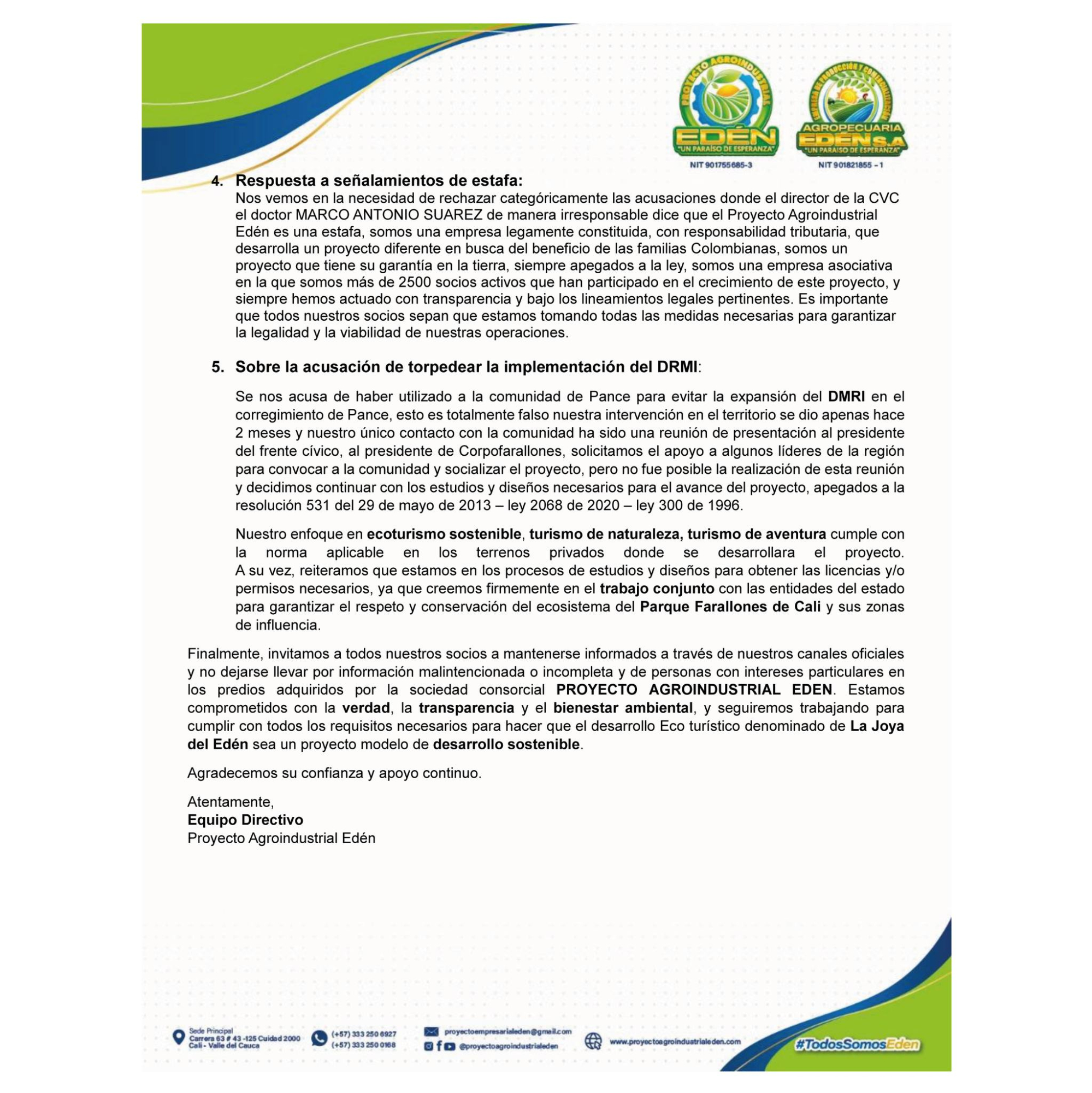Comunicado de Proyecto Agroindustrial Edén.