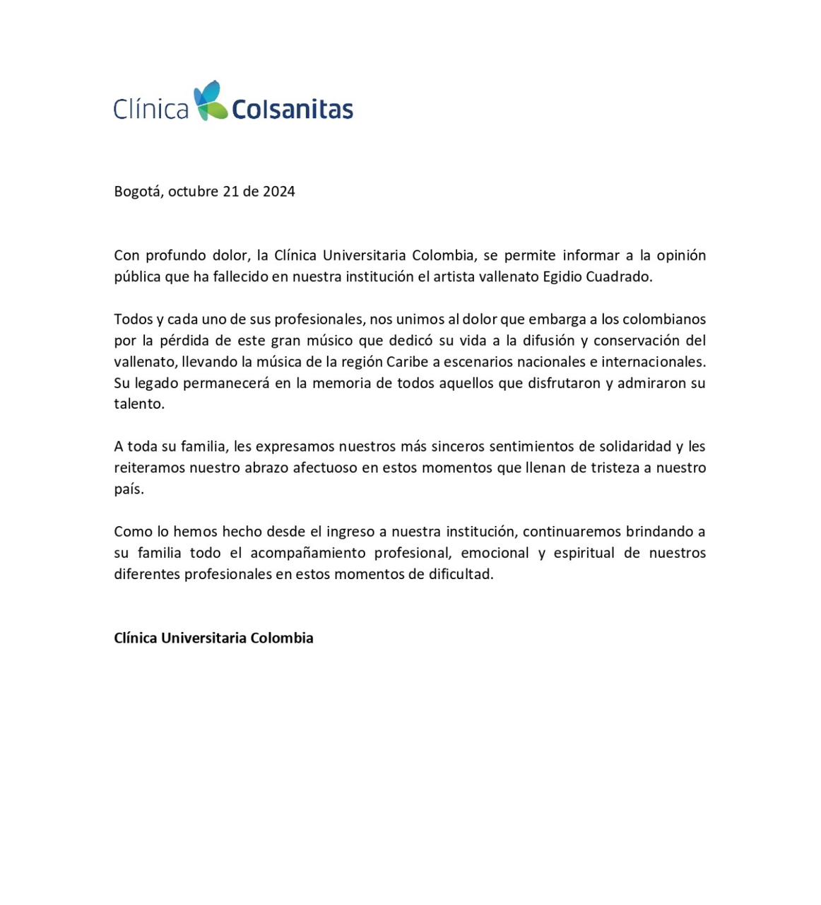 Comunicado de prensa Clínica Colsanitas.