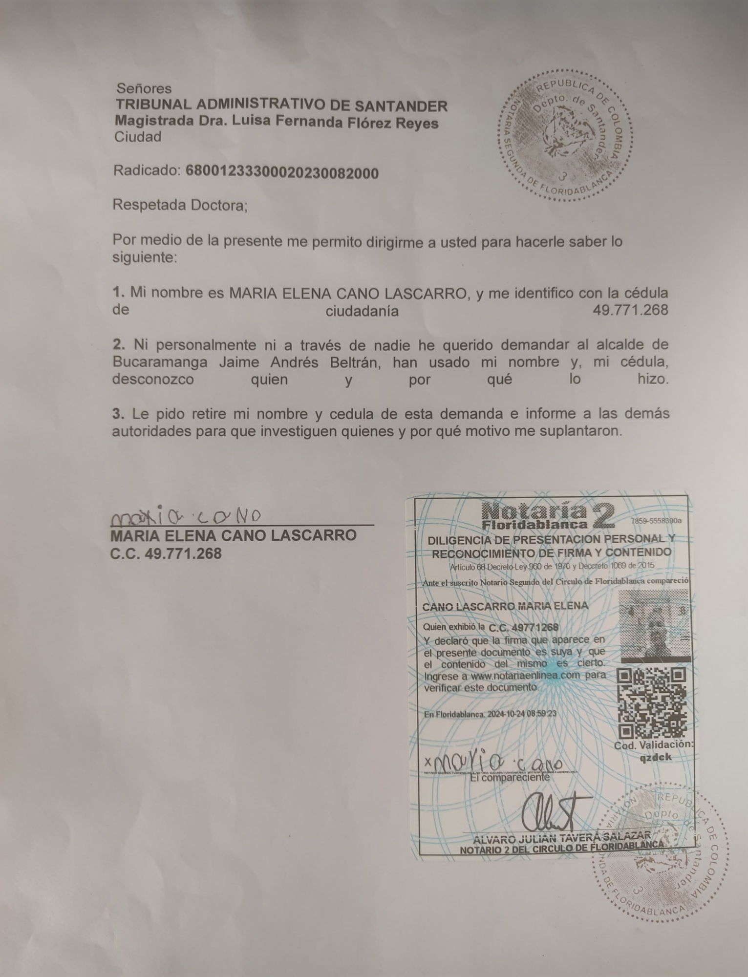 Documento de María Elena Cano