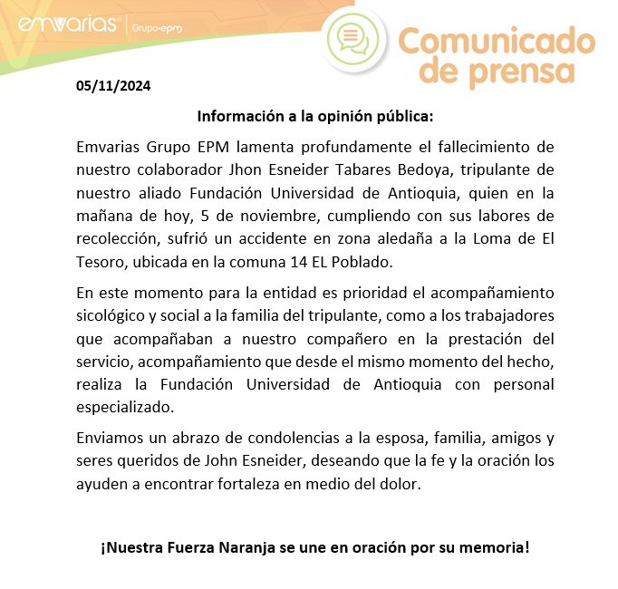 Este fue el comunicado emitido por Emvarias en la tarde del martes 5 de noviembre a raíz del fallecimiento de Jhon Esneider Tabares.