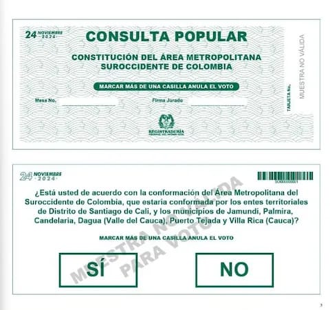 Tarjetón para la consulta popular de este domingo.
