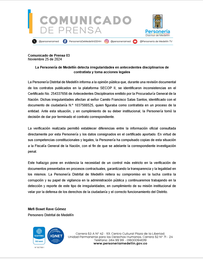 Este fue el comunicado publicado por la Personería de Medellín en referencia al caso de Camilo Salas.