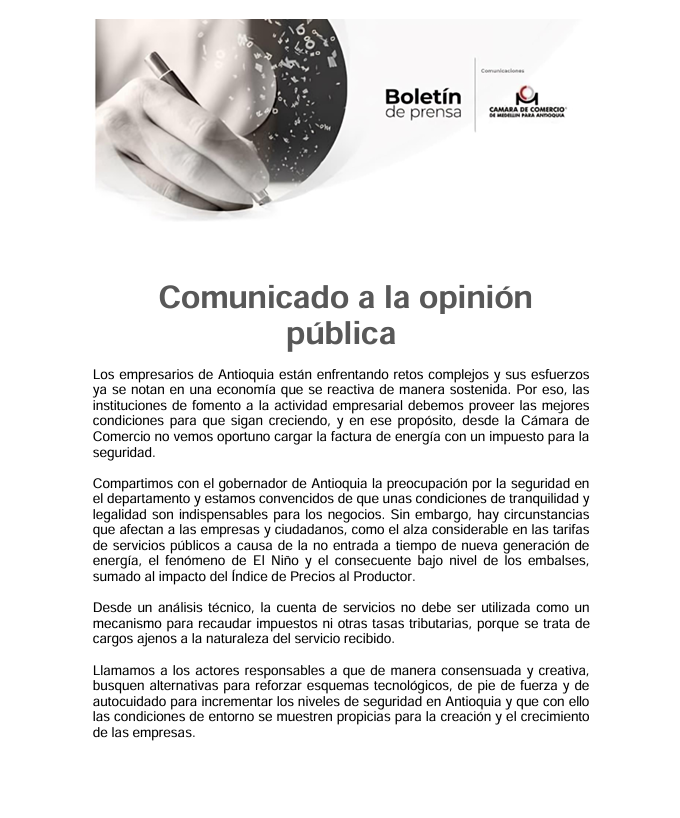 Este es el comunicado emitido por la Cámara de Comercio de Medellín para Antioquia al respecto de la propuesta de la tasa de seguridad del Gobernador de Antioquia.