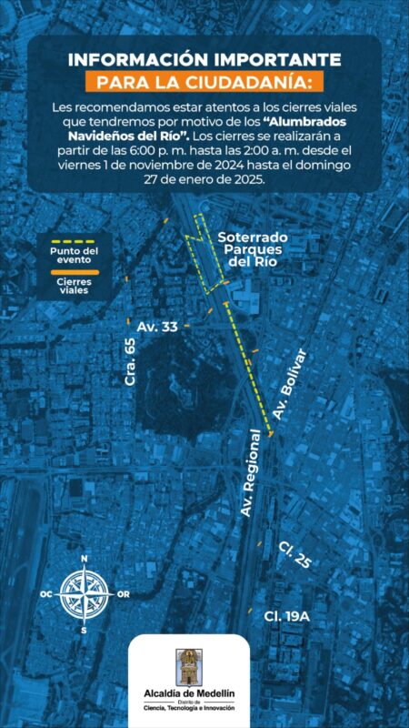 Este es el mapa de los cierres viales en el recorrido principal de los alumbrados del río.