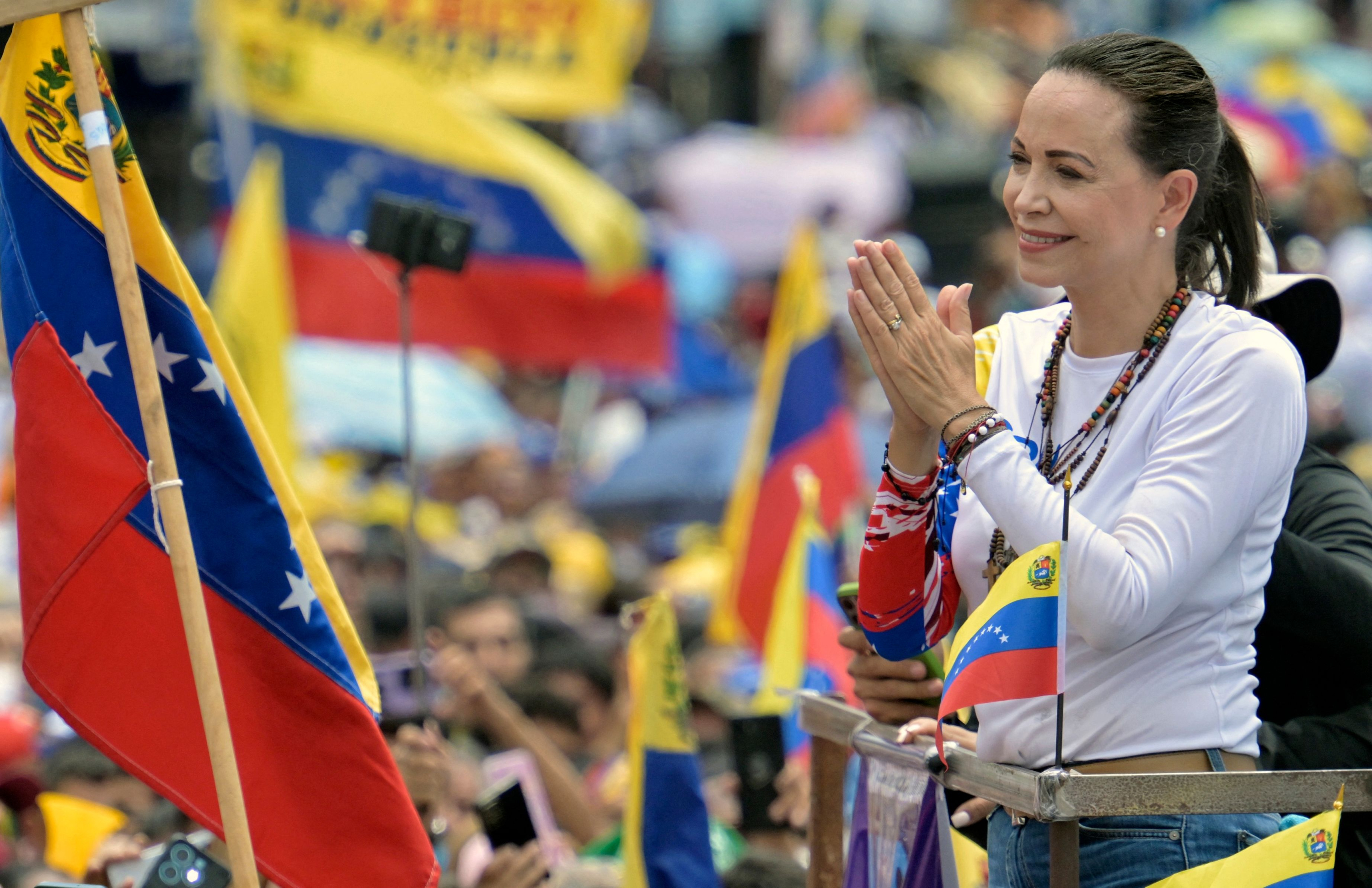María Corina Machado en un mitin durante la campaña presidencial de Edmundo González, el 6 de julio, en Barinas (Venezuela).