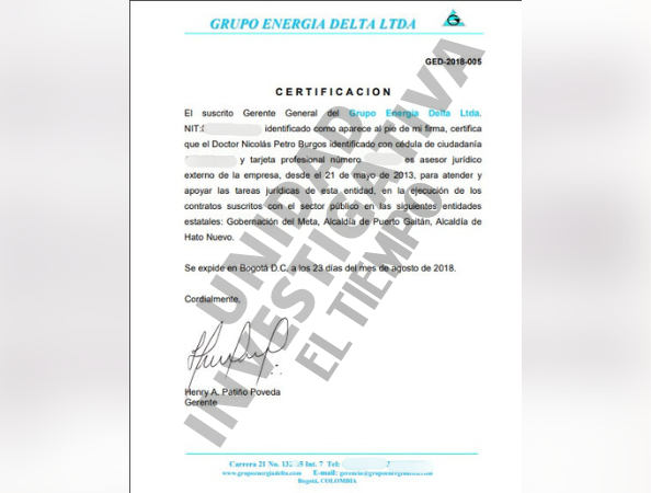 Certificación laboral de Nicolás Petro con el Grupo de Energía Delta.