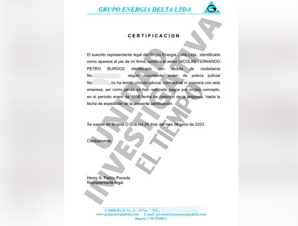 Certificado Grupo Energía Delta niega vinculación laboral con Nicolás Petro.