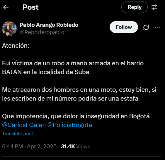 Pablo Arango, presentador de 'Noticias Caracol', sufrió un robo en el norte de Bogotá
