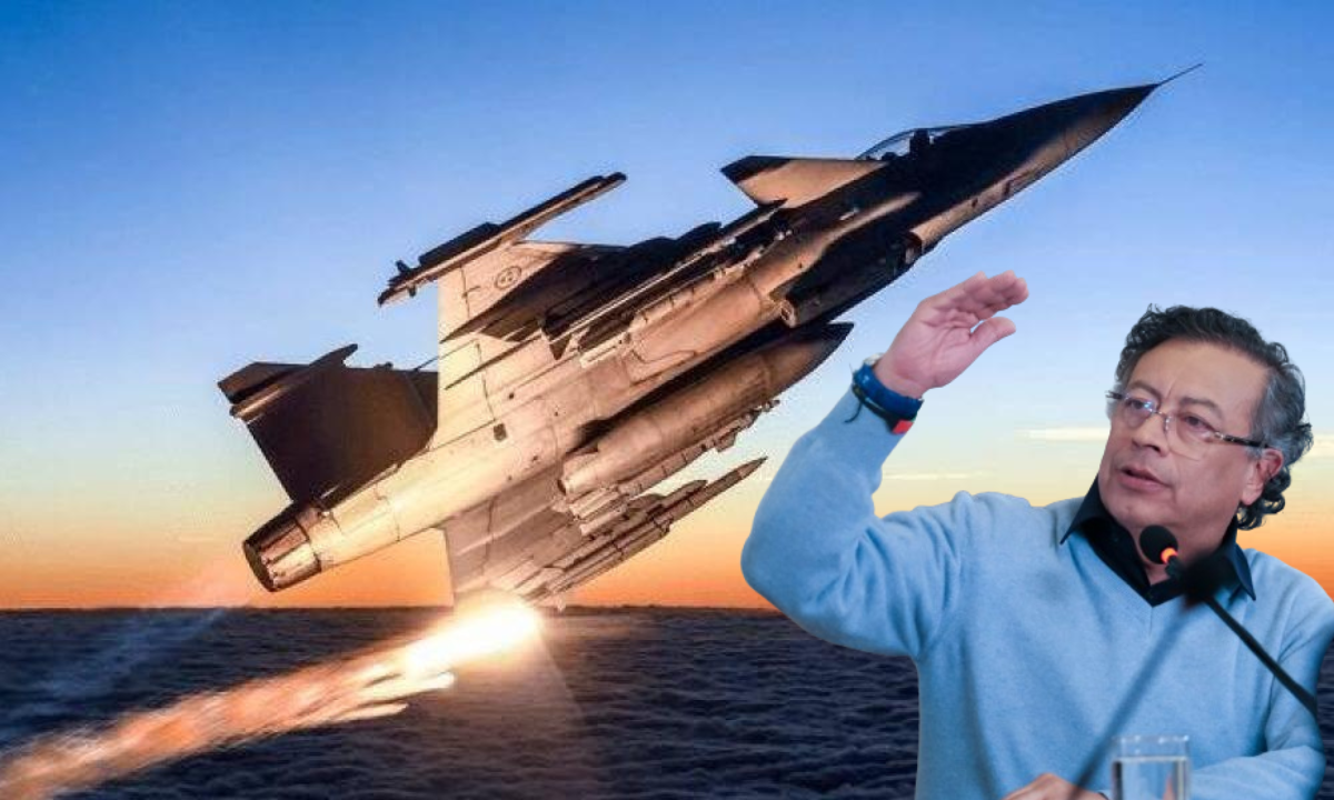 El presidente Gustavo Petro y los aviones Gripen.
