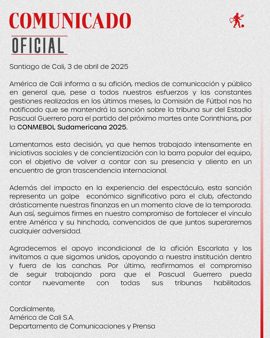 Comunicado del América de Cali