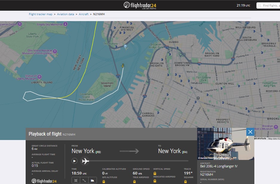 Recorrido del helicóptero que se accidentó en el río Hudson de Nueva York.