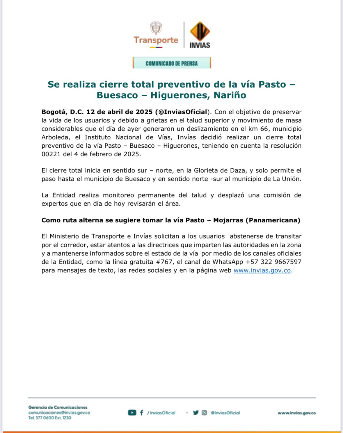 anuncian cierre preventivo en vía de Pasto por emergencias de lluvias.