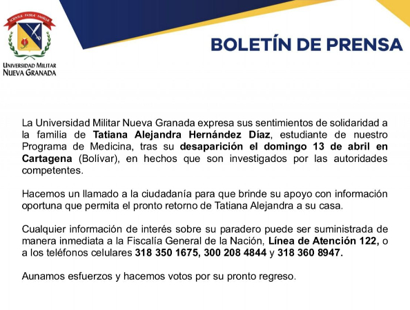 Pronunciamiento de la Universidad Militar Nueva Granada sobre la desaparición de Tatiana Hernández.