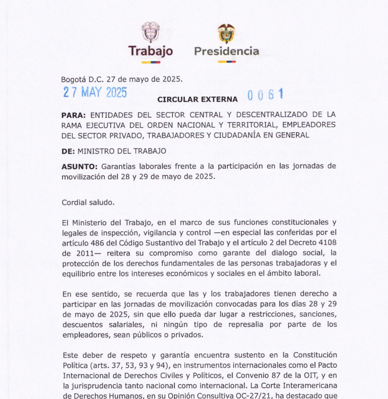 Circular del Ministerio del Trabajo sobre derechos a la protesta.