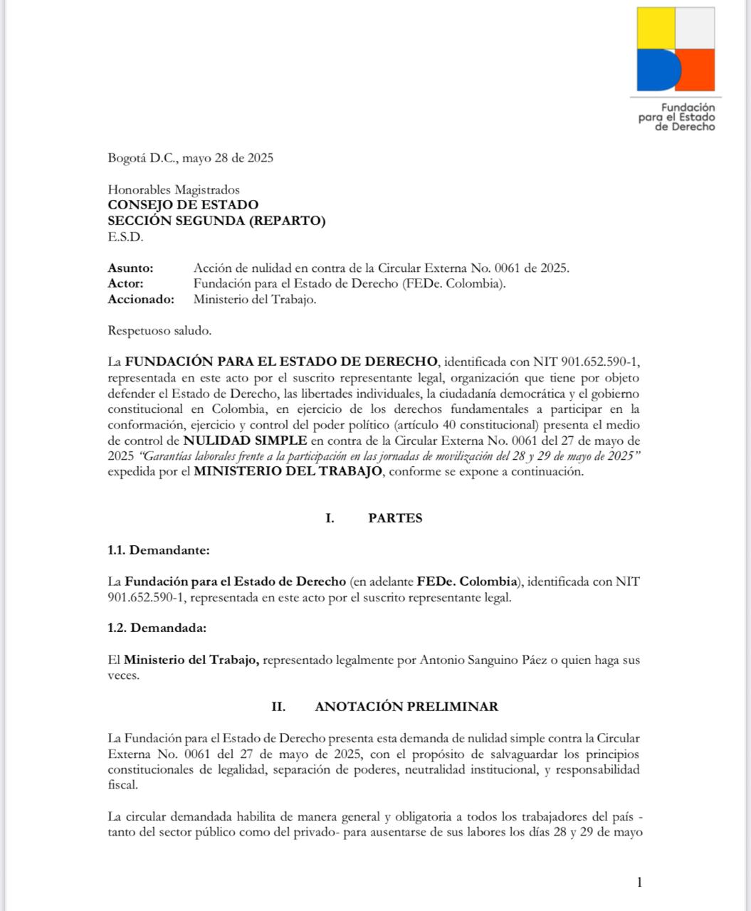 La demanda radicada ante el Consejo de Estado por circular de Mintrabajo.