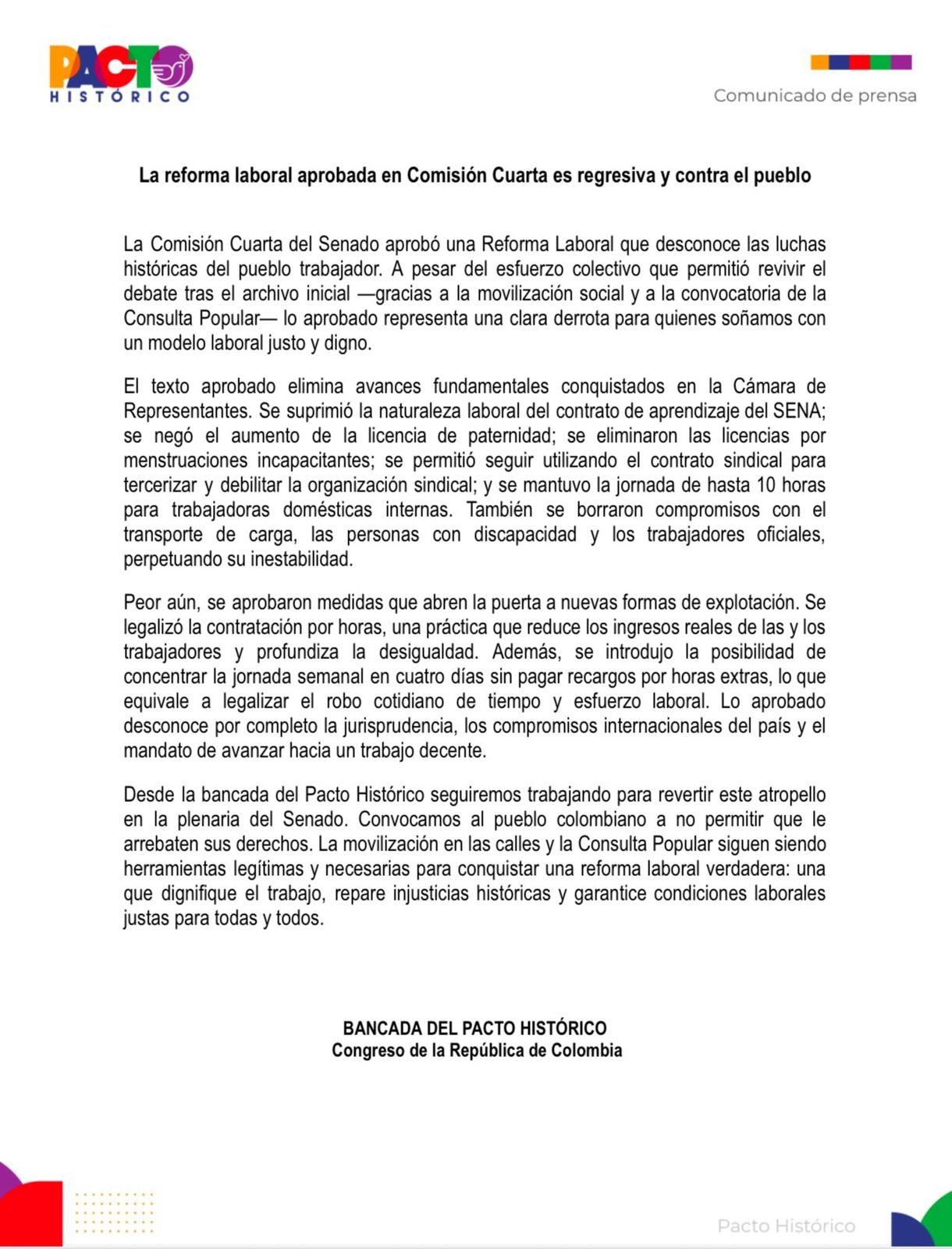 El Pacto Histórico hizo un llamado a la movilización y a apoyar la consulta.