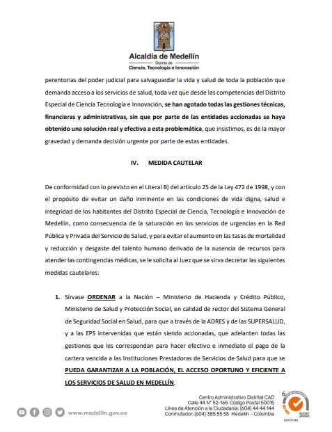 Fragmento del documento donde se solicita al juez del caso que decrete una serie de medidas cautelares.