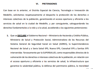 Fragmento de las pretensiones de la Alcaldía de Medellín con la acción popular.