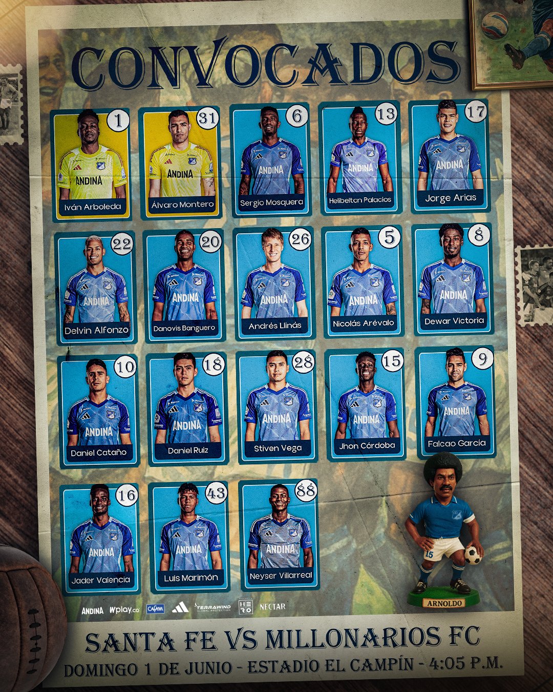 Convocatoria de Millonarios para jugar contra Santa Fe