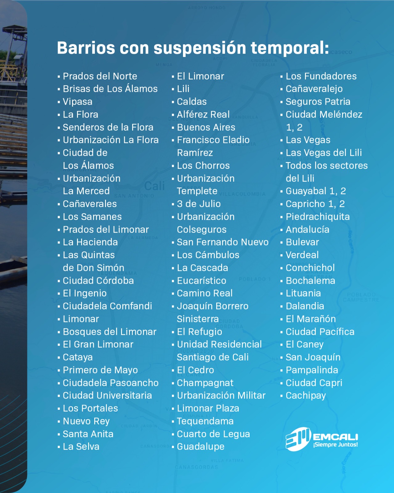 Barrios donde el agua será suspendida este domingo 1 de junio.