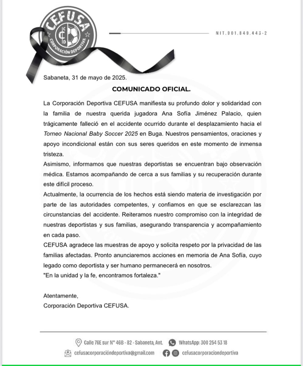 Comunicado del club de fútbol del que era parte la menor que murió en accidente en el Valle