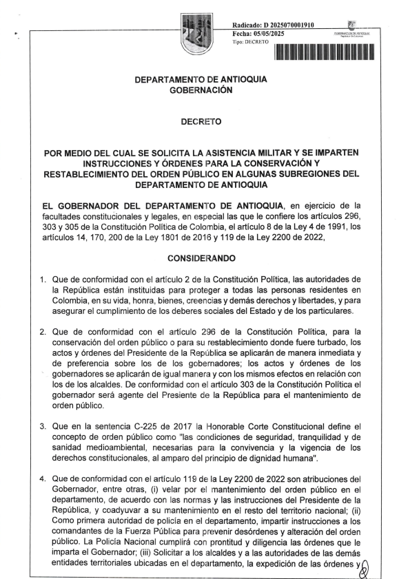 Decreto emitido por el Gobernador de Antioquia solicitando asistencia militar al Gobierno Nacional.